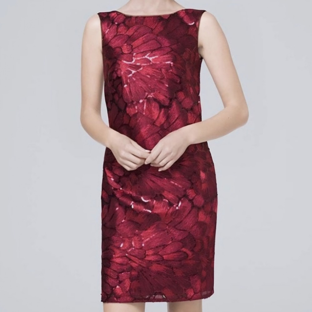 Womens 2 Whbm Red Rose Sequin Dress Cocktail Round Neck Formal Knee Embroidery